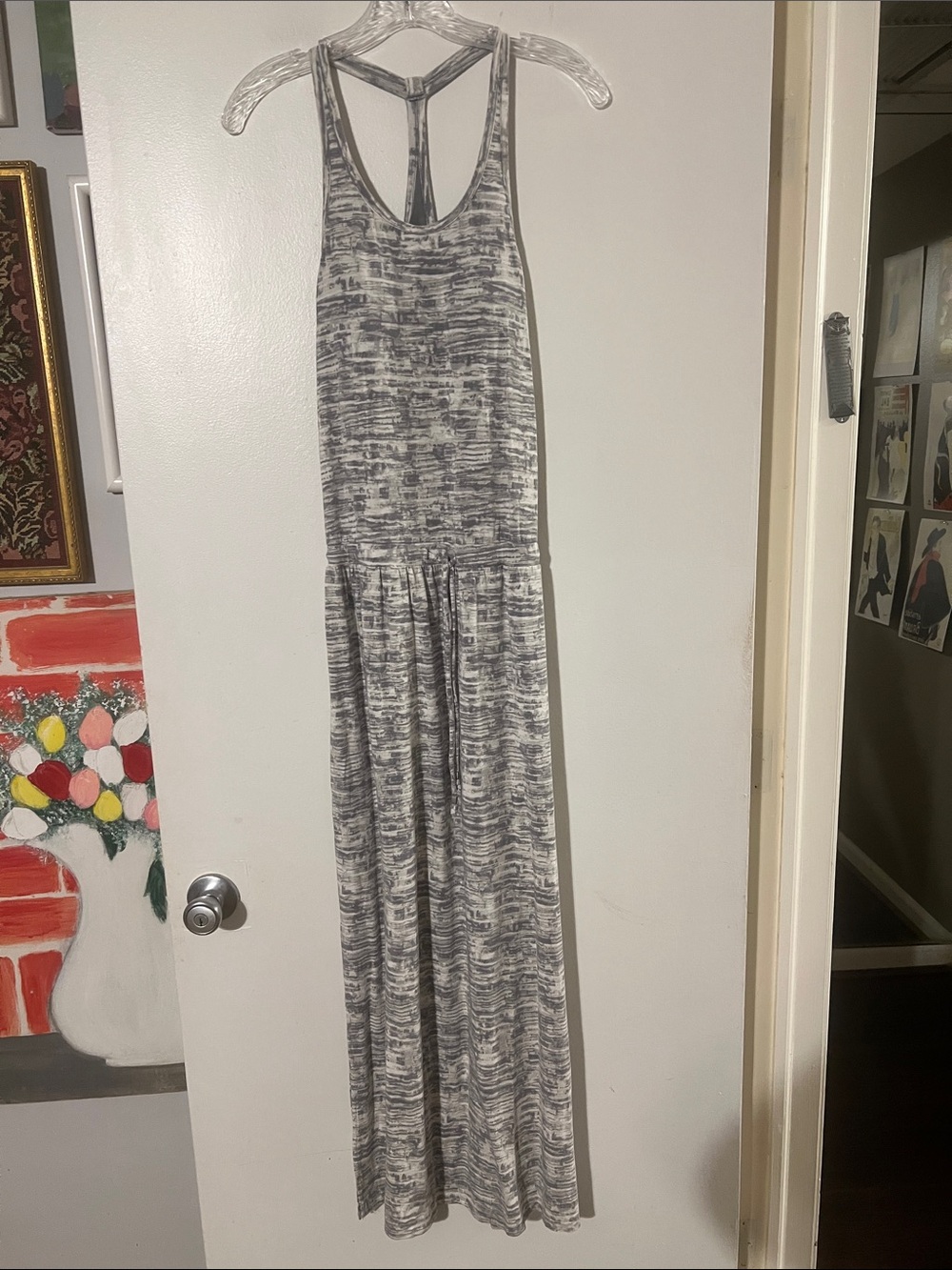 Athleta gray/white maxi dress. Built on bra. Drawstring elastic waist